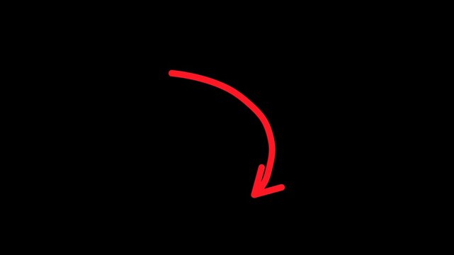Bright red neon arrow curves smoothly downward against a dark black background