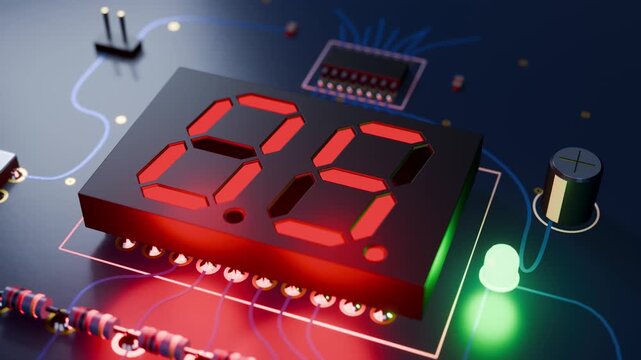 Seven segment display countdown from 10 to 00, red LED digits on a dark blue circuit board in close-up