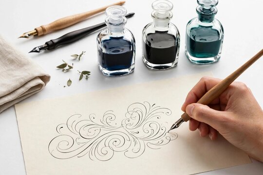 Hand drawing an elegant calligraphy flourish with a dip pen beside glass ink bottles on cream paper