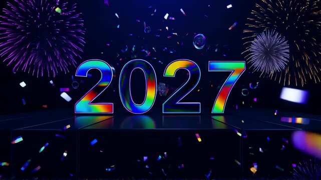 Dynamic 2027 New Year celebration animation with a vibrant countdown, colorful confetti, and dazzling fireworks.