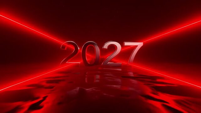 Dynamic 2027 reveal animation with vibrant red liquid splash and glowing neon laser lights. Perfect for new year celebrations.