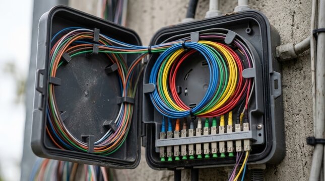 A close up view of an open telecommunications junction box mounted on a rough concrete wall showing organized fiber optic cables coiled neatly inside and connected to a patch panel