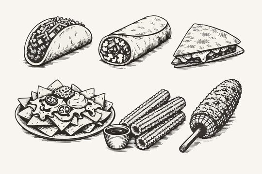 Hand-drawn black ink engraving of tacos, burrito, quesadilla, nachos with salsa, churros with dipping sauce and corn on a stick on cream, vector sketch illustration of Mexican street food