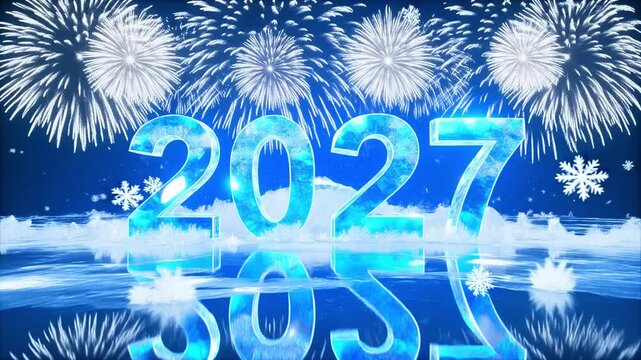 Dynamic animation of 2027 emerging from an ice tunnel, featuring festive fireworks and winter scenery.