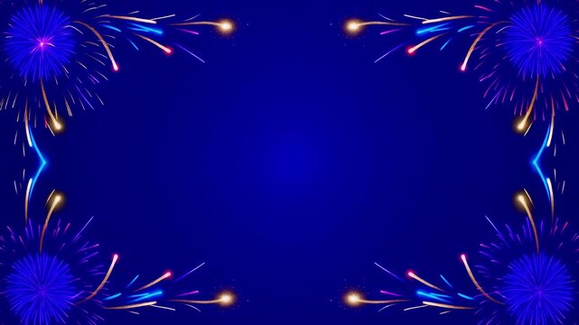 Dynamic animation featuring colorful fireworks and light trails forming a decorative frame on a deep blue background. Perfect for celebrations, holidays, and festive occasions.