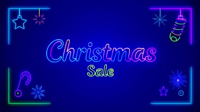 Dynamic Christmas Sale neon sign with glowing holiday elements and sparkling effects on a blue backdrop.