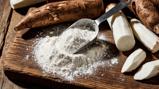 Fresh cassava flour with metal scoop poured on rustic wooden board. Raw peeled cassava roots, white starch powder lie on old table. Organic vegetable ingredient for healthy gluten free cooking,
