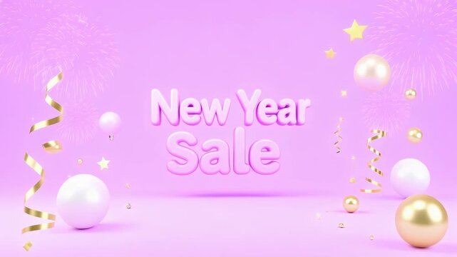 Dynamic New Year Sale animation featuring elegant pearls, golden ribbons, sparkling fireworks, and stars.