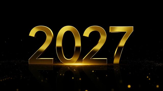 Elegant 2027 New Year animation featuring golden numbers, sparkling particles, and a reflective surface. Perfect for celebrations, intros, and future-themed projects.