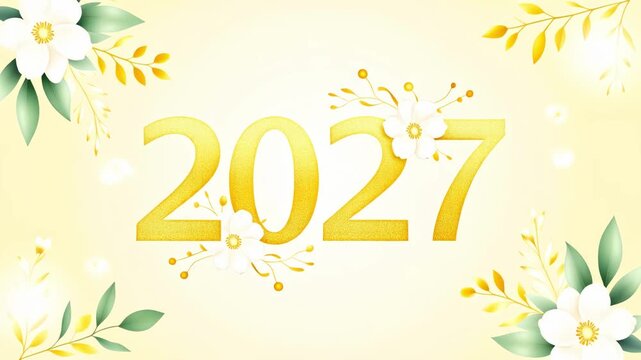 Elegant 2027 New Year celebration animation featuring golden glitter numbers and beautiful floral elements. Perfect for greetings, events, and festive projects.