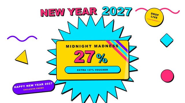 4K 12-second motion graphics of New Year 2027 sale with centered discount badge, rotating starburst, and crisp vector elements on transparent alpha ca.
