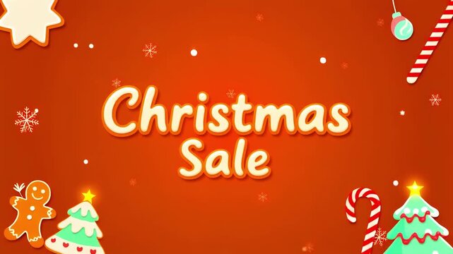 Festive animated background featuring Christmas Sale text, gingerbread, trees, candy canes, and falling snow.