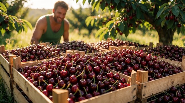 Smiling male farmer works in sunny orchard. Large wooden crates filled with fresh red cherries sit on grass. Man picks ripe fruit in organic farm garden during summer harvest season. Healthy organic