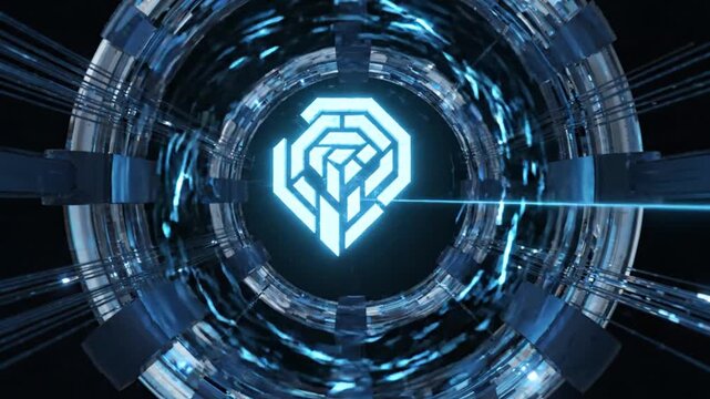 Abstract futuristic tunnel with glowing blue energy beam and digital logo reveal