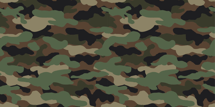 Camouflage seamless vector pattern featuring irregular woodland shapes in earthy green, brown, beige, and black tones, ideal for fabric, apparel, and outdoor designs.