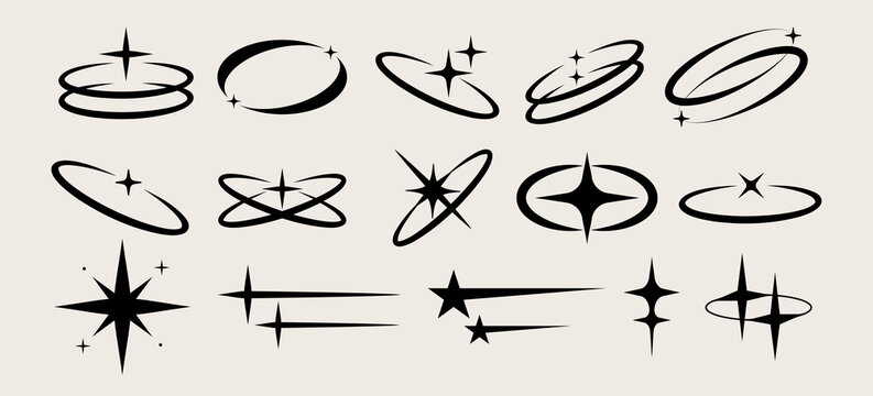 A collection of elegant black vector sparkles, stars, elliptical orbits, and celestial symbols, perfect for astrology designs, magical branding, invitations, and decorative accents.