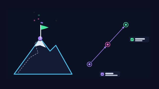 Animated conceptual scene showing celebrating the achievement flag summit, drawn as a minimal vector metaphor in a modern dark mode style with neon blue and azure accents and placeholder cards. Smooth