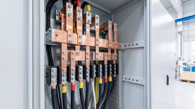 Copper busbars and heavy cables inside open industrial electrical switchgear cabinet. Power distribution equipment for factory infrastructure. Electrical engineering and energy supply.