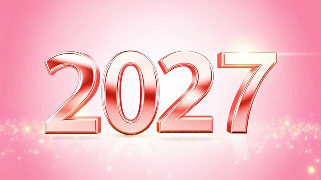 Shiny 2027 rose gold metallic numbers with sparkling particles on a vibrant pink background, ideal for New Year.