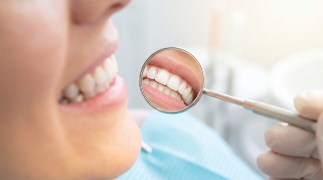 Dentist examining smiling patients teeth with a dental mirror. Oral health checkup and preventive dental care. Dentistry, hygiene and healthy smile concept. Clinical care