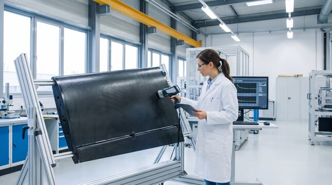 Scientist testing a carbon fiber panel with a handheld instrument in a materials research laboratory. Composite engineering and quality inspection. Advanced manufacturing and industrial