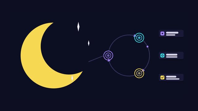 Animated conceptual scene showing good sleep moon night cycle, drawn as a minimal vector metaphor in a modern dark mode style with neon yellow and gold accents and placeholder cards. Smooth 4K seamles