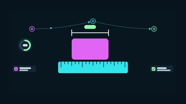 Seamless 4K looping animation of an abstract business metaphor: simple measurement ruler measuring object. Flat vector shapes, glowing teal and turquoise details and dark interface cards with blank te