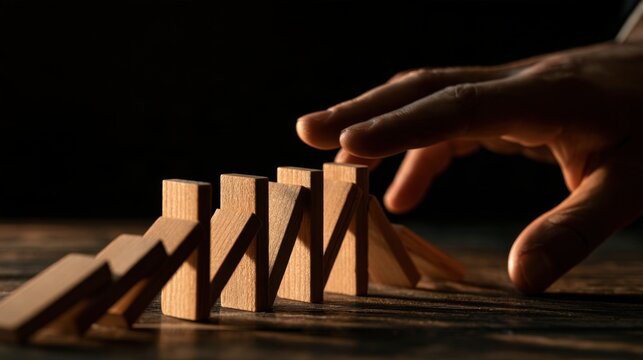 Hand stopping falling wooden block from continuing domino effect sequence on dark table surface with shadow play