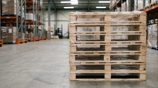 Stack of shrink-wrapped wooden pallets on a warehouse floor