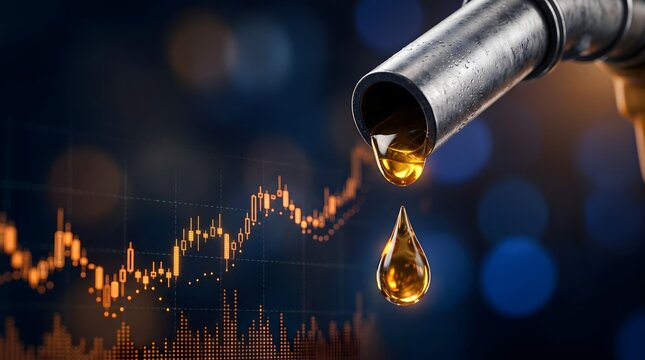 Fuel nozzle dripping golden oil against a blurred background with a stock market graph showing price fluctuations symbolizing energy costs and market volatility.