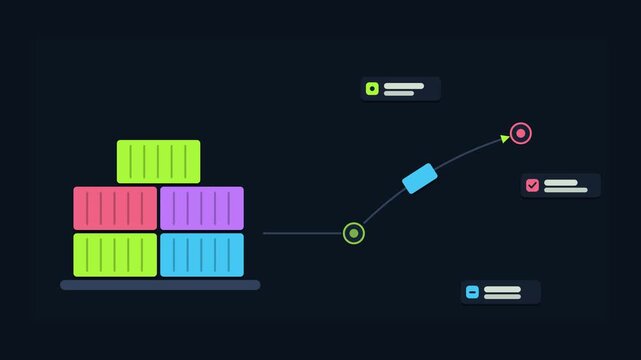 Animated conceptual scene showing global supply chain moving containers, drawn as a minimal vector metaphor in a modern dark mode style with neon blue and azure accents and placeholder cards. Smooth 4
