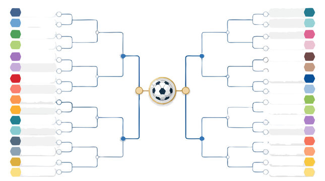 Soccer playoff bracket diagram with colored team slots on both sides and a gold-rimmed football at the center, flat vector illustration of a tournament schedule on a light background