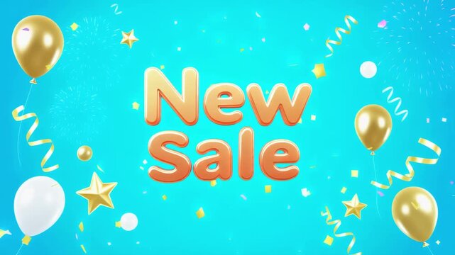 Vibrant animation announcing a new sale with festive elements like golden balloons, confetti, and fireworks.