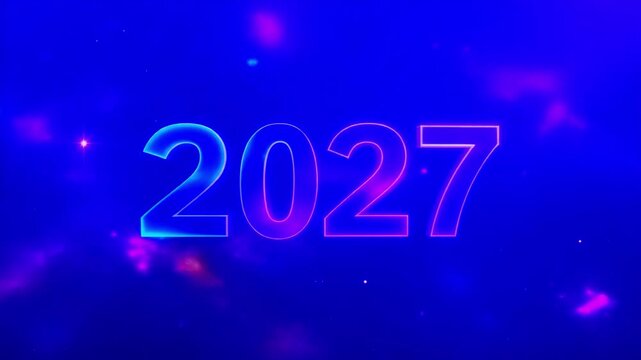 Vibrant neon text '2027' shines brightly, celebrating the New Year in a futuristic cosmic setting with glowing particles.