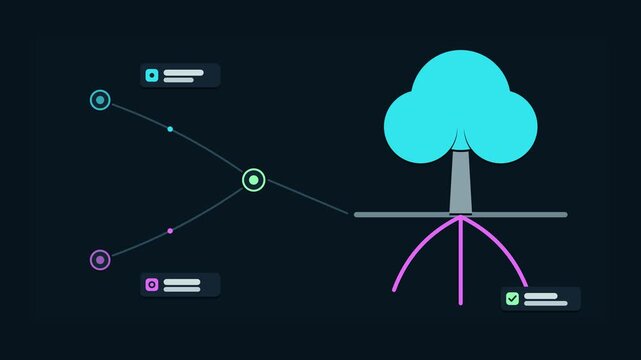 Animated conceptual scene showing sustainable growth tree with roots, drawn as a minimal vector metaphor in a modern dark mode style with neon teal and turquoise accents and placeholder cards. Smooth 