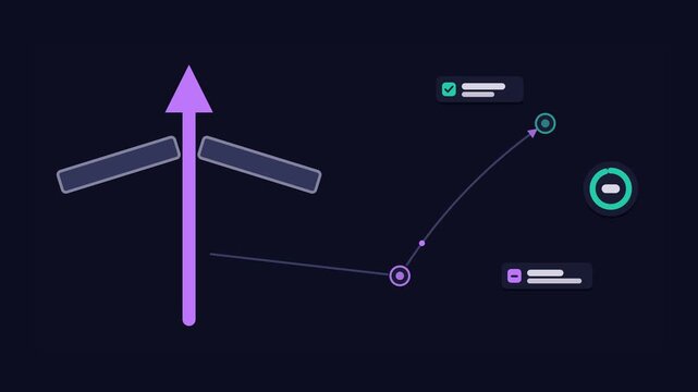 Seamless 4K looping animation of an abstract business metaphor: breaking the ceiling bursting through. Flat vector shapes, glowing blue and azure details and dark interface cards with blank text place