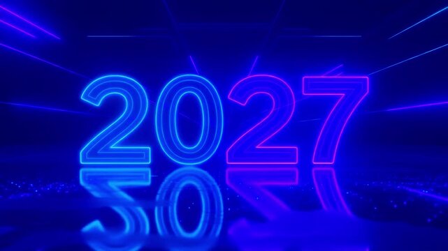 Vibrant neon sign displaying the year 2027, reflecting on a wet surface with dynamic laser beams. Perfect for new year, future, and technology themes.