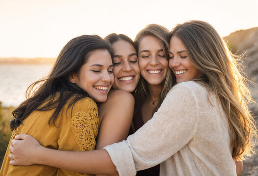 Four young female friends embrace warmly outdoors at sunset, sharing a joyful group hug filled with affection, laughter, and strong emotional connection