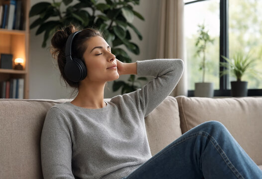 A relaxed woman rests on a couch listening to music through headphones with her eyes closed. The peaceful living room setting captures calm, sound, leisure, and indoor relaxation