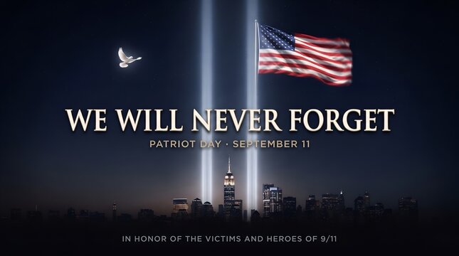 We Will Never Forget Patriot Day September 11, honoring 9/11 victims and heroes, American flag, Twin Towers silhouette, dove of peace, solemn ...