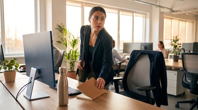 Suspicious business woman secretly taking a notebook from a colleague's desk in a modern office, representing corporate espionage and data theft concept.