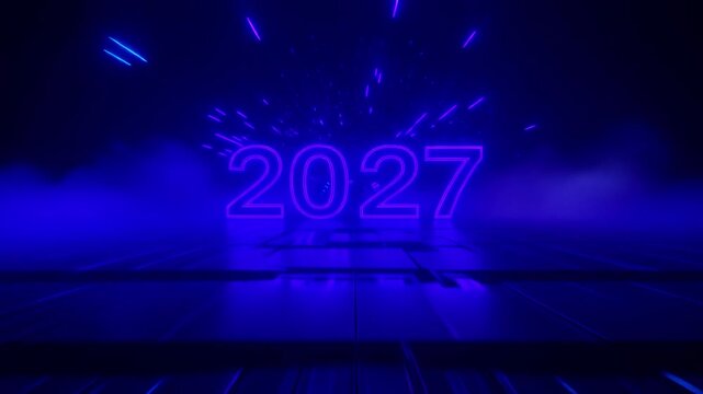 A dynamic journey through a vibrant neon-lit tunnel, culminating in the illuminated year 2027, symbolizing future technology and progress.