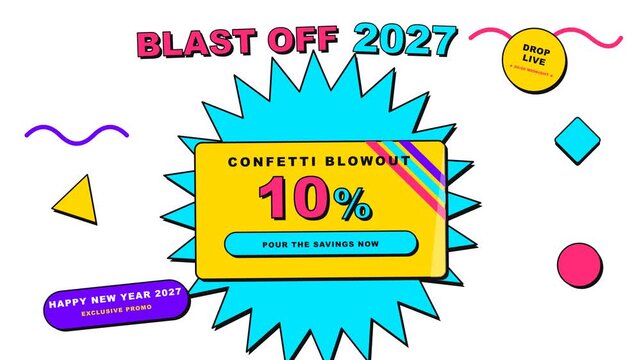 4K 12-second motion graphics of New Year 2027 sale with centered discount badge, rotating starburst, and crisp vector elements on transparent alpha ca.