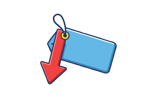 Blue price tag with a red downward arrow and a yellow eyelet on a white background, a flat vector sale graphic for discounts, markdowns and price reduction offers