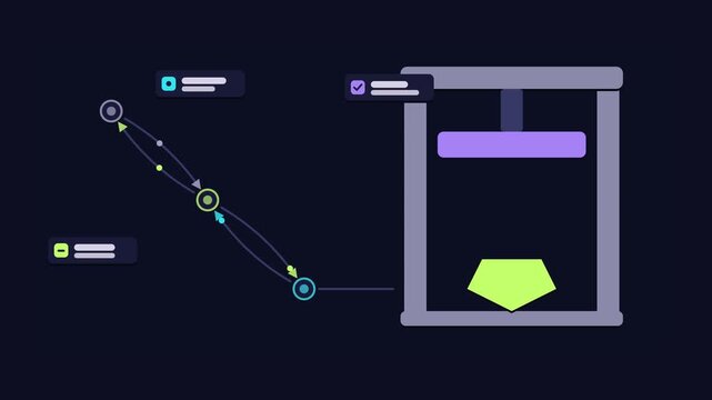 Seamless 4K looping animation of an abstract business metaphor: creating value raw to gem. Flat vector shapes, glowing blue and azure details and dark interface cards with blank text placeholders sit 