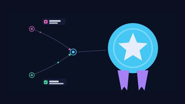 Animated conceptual scene showing good reputation stars collecting praise, drawn as a minimal vector metaphor in a modern dark mode style with neon blue and azure accents and placeholder cards. Smooth