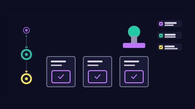 Seamless 4K looping animation of an abstract business metaphor: standard procedure template stamped three. Flat vector shapes, glowing blue and azure details and dark interface cards with blank text p