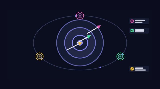 Seamless 4K looping animation of an abstract business metaphor: missing the target adjusting aim. Flat vector shapes, glowing blue and azure details and dark interface cards with blank text placeholde