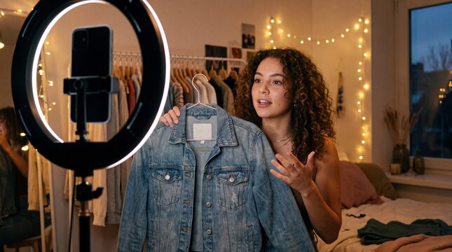 Reseller Live Streaming Secondhand Clothing Sale From Bedroom on Phone Tripod