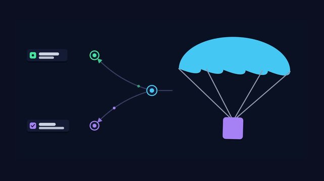Animated conceptual scene showing plan b ready parachute packed, drawn as a minimal vector metaphor in a modern dark mode style with neon blue and azure accents and placeholder cards. Smooth 4K seamle